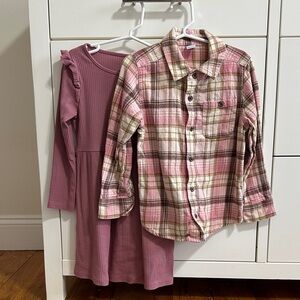 H&M Dusty Rose Ribbed Girls Dress with Plaid Shirt Set